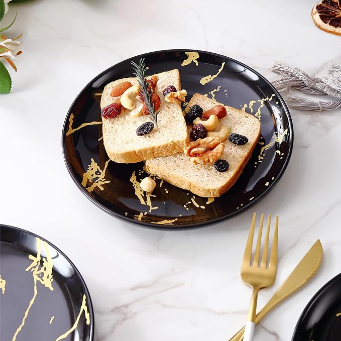 6-Piece Black Marble Ceramic Plates with Gold Rim, 8-Inch Dinner Plates Set, Oven & Microwave Safe, Dishwasher Safe, Elegant Appetizer, Salad, and Dessert Plates for Modern Dining