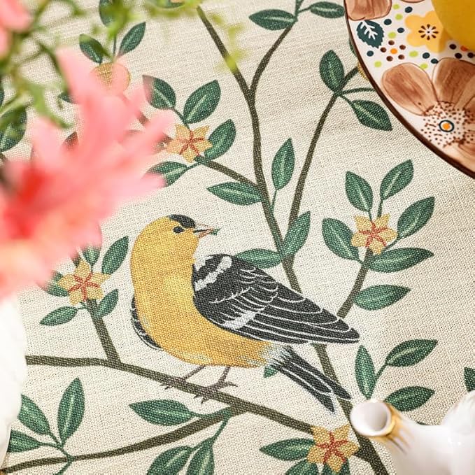 patdrea Designer French Table Cloth for Rectangle Table,Vintage Green Linen Birds and Leaves Pattern Tablecloths,Dacorative Cover Kitchen Dining,Christmas,Thanksgiving,Party,67"x118"-Warbler