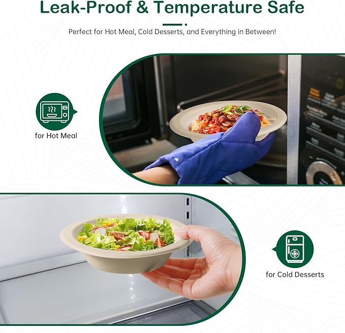 𝟭𝟲 𝗼𝘇, 𝟭𝟮𝟴-𝗣𝗮𝗰𝗸 Compostable Paper Bowls, Heavy-Duty Biodegradable Disposable Bowls Made from Bagasse, Eco-Friendly, Microwave & Freezer Safe (Natural)
