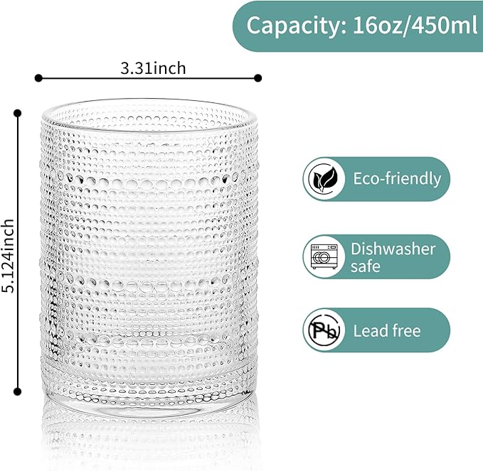 Hobnail Drinking Glasses Set of 4, 16 Oz Vintage Embossed Glass Cup Kitchen Glassware Water Tumblers for Cocktails, Beer, Juice, Whiskey