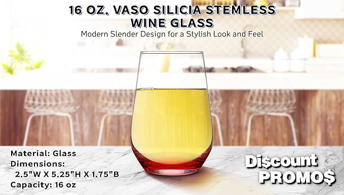 DISCOUNT PROMOS 10 Vaso Silicia Stemless Wine Glasses Set, 16 oz. - Clear, Orb-Like, Thick base - Red