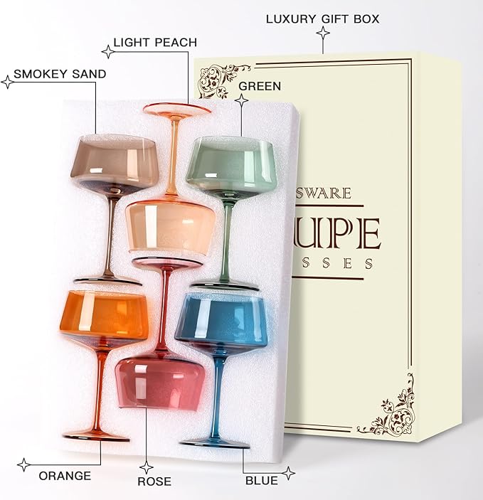 Hand Blown Colored Coupe Glasses Set of 6-13oz large Crystal Martini, Cocktail & Champagne Glasses -Cute & Colorful Cocktail Glassware-Perfect for Bar, Cocktails, Martinis-Wedding Gifts