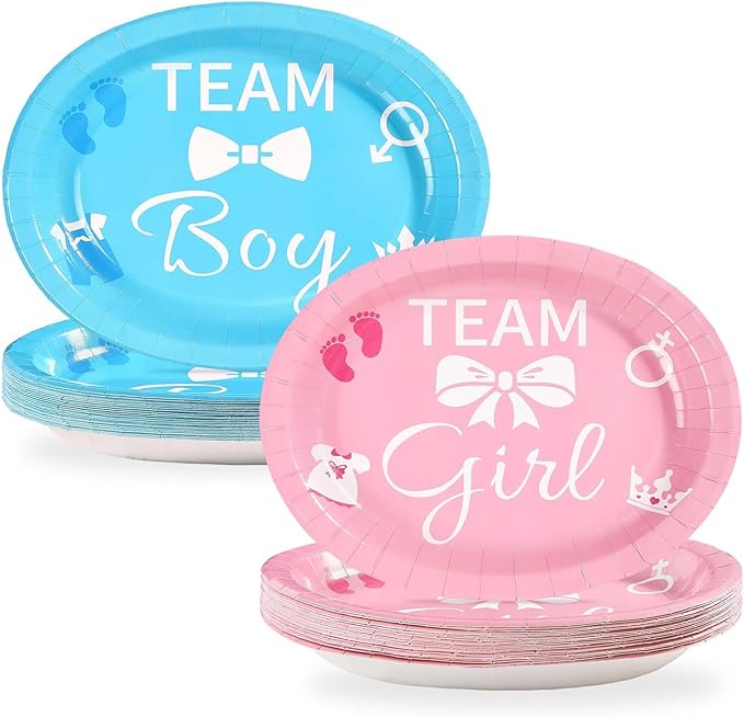 Grencian 50Pcs Gender Reveal Party Supplies 10" x 12" Large Heavy Duty Gender Reveal Oval Paper Plates Disposable Blue or Pink Boy or Girl Dessert Plates for Birthday Baby Shower Party Decor