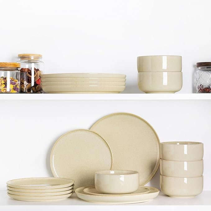 TheTerra Ceramic Dinnerware Sets for 4, 12 Pieces Handmade Reactive Glaze Plates and Bowls Set, Scratch Resistant Dish Set, Oven & Microwave & Dishwasher Safe, Cappuccino