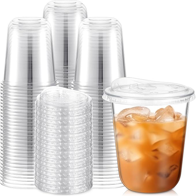 100 Sets Clear Plastic Cups with Strawless Sip Lids, Thickened Clear Disposable Plastic PET Crystal Cups for Iced Coffee, Smoothie, Cold Beverage, Drink Shops and Party Catering (14 oz)