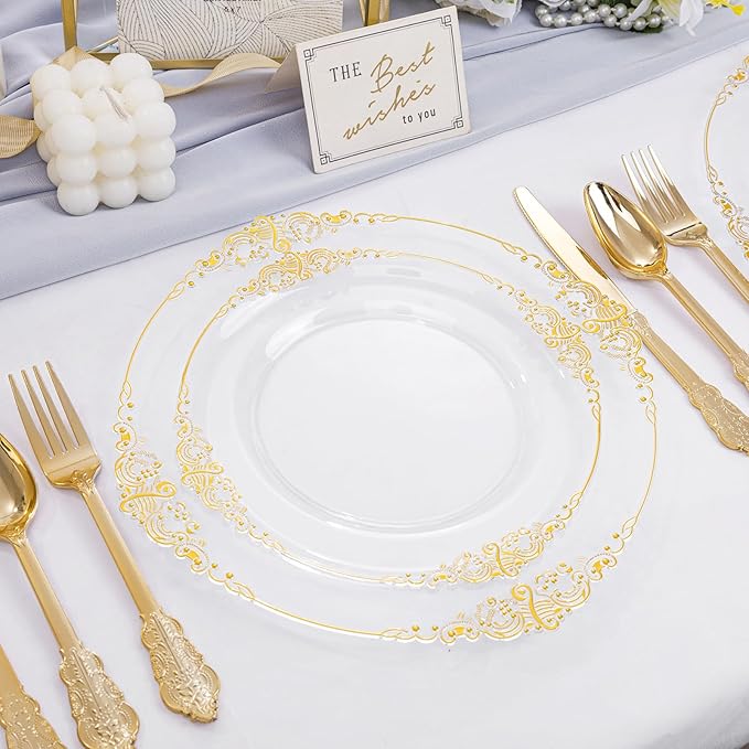 102PCS Clear Gold Plastic Plates - Clear Disposable Plates with Gold Rim - Clear Party Plate Include 51PCS Dessert Plates, 51PCS Dinner Plate for Weddings & Parties