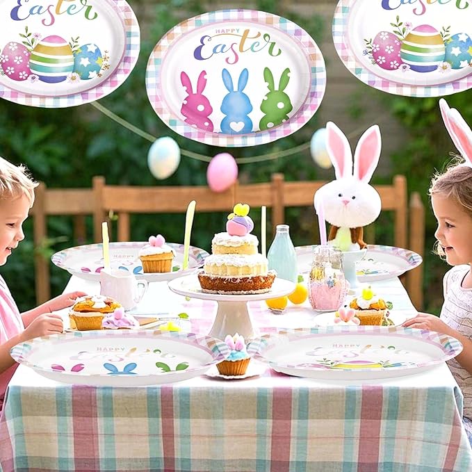 50 Pcs Easter Oval Paper Plates 10" x 12" Large Easter Bunny Egg Plates Heavy Duty Disposable Rabbit Dinner Plate Colorful Plaid Platters for Spring Holiday Baby Shower Birthday Party Supplies Decor
