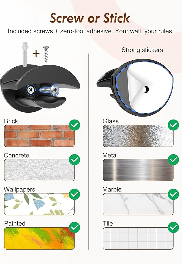 HOUSE DAY Adhesive Hat Hooks for Wall 8 Pack, Strong Hat Rack for Baseball Cap Display Organizer, Hats Holder for Wall, Door, Closet, No Drilling, Black