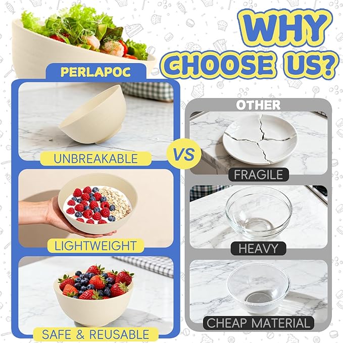 Wheat Straw Bowls Set of 6, 26 OZ Unbreakable Cereal Bowls, Reusable Plastic Bowls for Camping, Dorm, RV, Picnic, Lightweight Salad Soup Bowls, Microwave & Dishwasher Safe, Beige