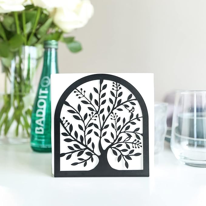 Napkin Holder for Tables, Vintage Metal Freestanding Tissue Dispenser, Black Cast Iron Vertical Tabletop Paper Napkin Holder Stand for Dinner Home Kitchen Restaurant Picnic Party (Tree of Life)