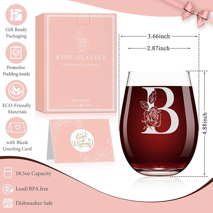 Valentines Day Gifts for Her, Gifts for Women Her Friend Mom Grandma Wife Sister Bridesmaid Nurse, Birthday Galentines Mothers Day Christmas, Personalized Initial Customized Wine Glasses 18OZ(B)
