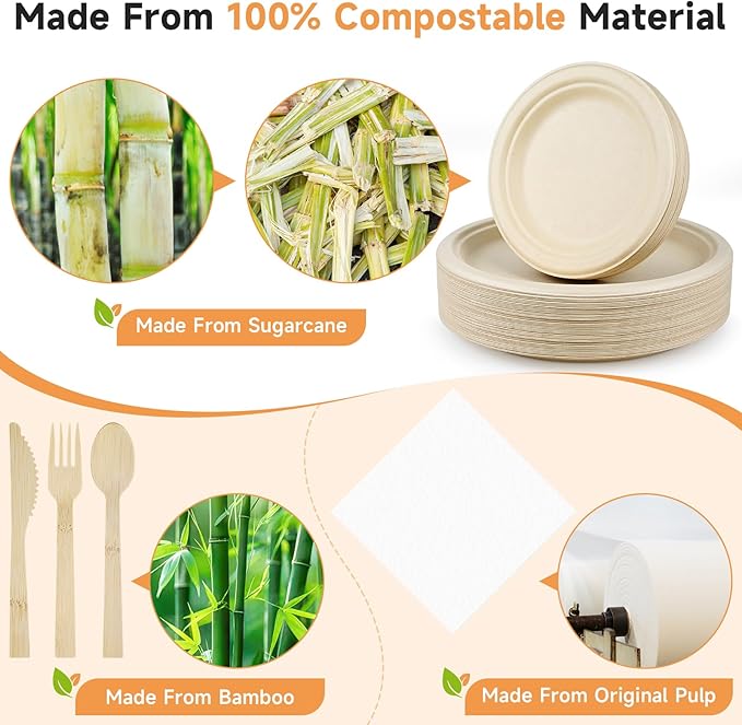 Compostable Disposable Dinnerware Set - 30pack Eco-Friendly Cutlery, Include: 30 10” and 7” Paper Plates, 30 Pre Rolled Napkins and Bamboo Cutlery Set, 30 Cups for Party