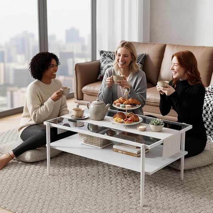Mid Century Modern 2-Tier Coffee Table with Gray Tempered Glass Top & Wood Storage Shelf – Space-Saving Center Table for Living Room, Apartment & Small Spaces (White)