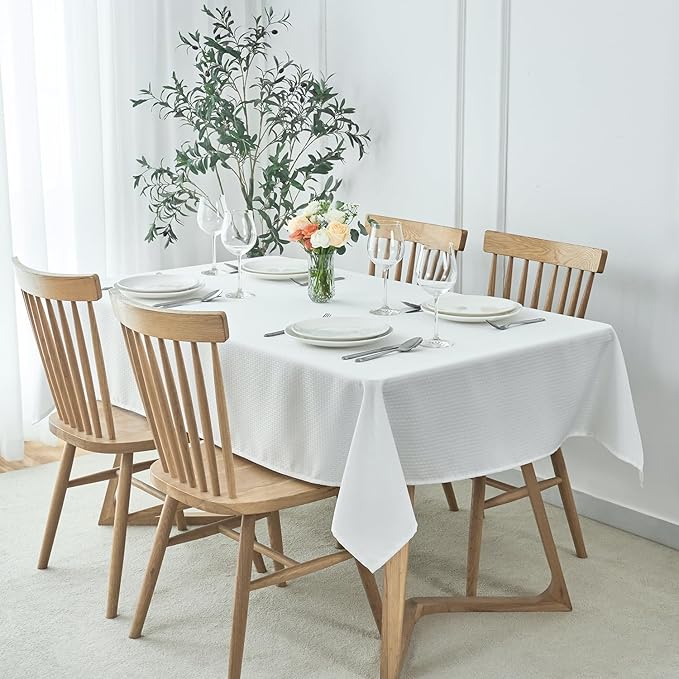 maxmill Rectangle Tablecloth Weaved Pattern Waterproof Spillproof Wrinkle Free Table Cloth, Kitchen Dining Tabletop Decoration, Fabric Table Cover for Holiday Parties, 52 x 70 Inch, White