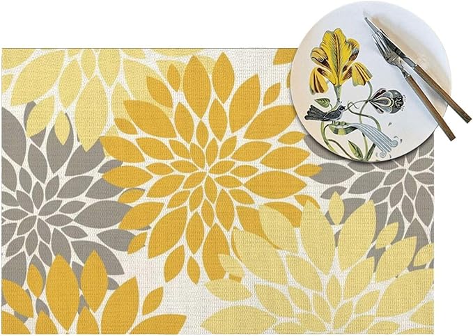 Boho Placemats 12x18 Inches Set of 4, Yellow Gray Dahlia Floral Decorative Place mats Fall Rectangle Flower Table Mats for Party Home Kitchen Dining Table Decor