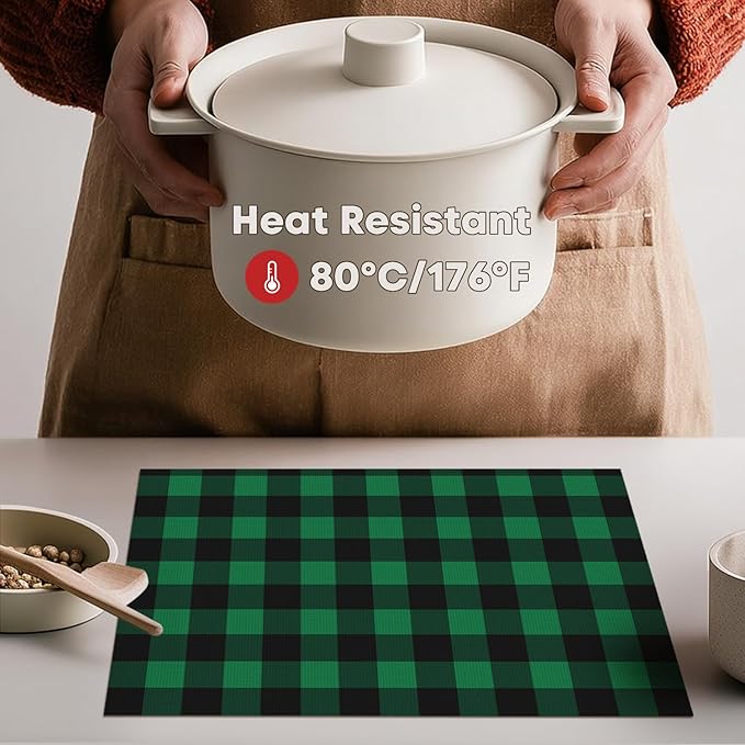 Artoid Mode Buffalo Plaid Vinyl Placemats Set of 4, 12x18 Inch Washable Non-Slip Heat Resistant Plastic Place Mats for Party Dining Table, Black/Green