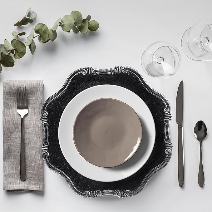 Black Charger Plates Set of 6, Decorative Table Plastic Chargers for Dinner Plates, Party, Wedding, Thanksgiving, Christmas, 22B