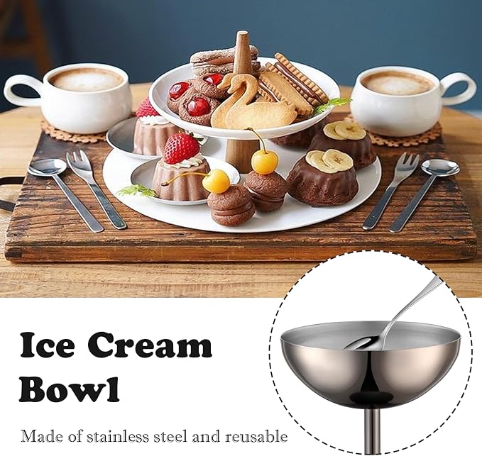 Ice Cream Bowls Stainless Steel Dessert Cups with Spoons Reusable Footed Sundae Cups Ice Cream Cups for Dessert, Frozen Yogurt, Gelato, Birthday Party Decorations (2, Black)