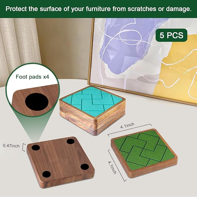 Square Coasters for Drinks Absorbent 5 Pack, EDEGG Wood Coasters for Coffee Tabletop Protection, Non-Slip, Non-Stick 4.1 Inches Colorful