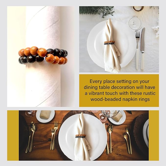 Napkin Rings Set of 6 - Modern Napkin Holder Rings with Wooden Beads | Dinner Napkin Ring for Holiday & Christmas, Birthday Party, & Wedding Decor - Farmhouse Napkin Rings Bulk (Yoko)