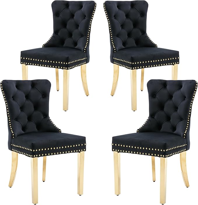 KCC Velvet Dining Chairs Set of 4, Upholstered High-end Tufted Dining Chair with Nailhead Back Ring Pull Trim Stainless Steel Legs, Contemporary Nikki Collection Modern Style for Kitchen, Black