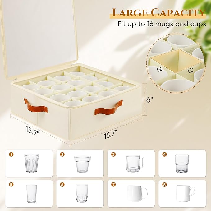 2 Pack Coffee Mug Storage Box with Dividers, Stackable China Storage Containers with Lid, Zipper, and Handles for 32 Coffee Mugs and Cups, Mug Storage Organizer for Packing & Moving, Beige