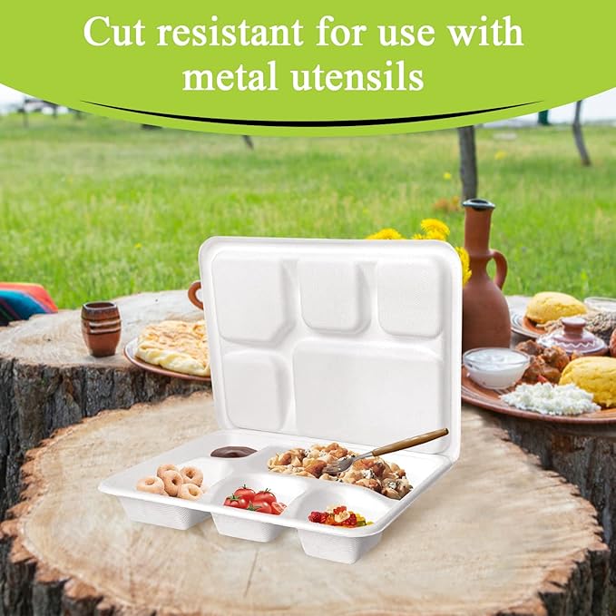 three leaf 5 COMPARTMENT MEAL TRAY WITH LID SET, 50 SETS. Heavy-Duty- Super Strong- Natural- Eco-Friendly Disposable Bagasse Tray with Lid, 100% Biodegradable Plates