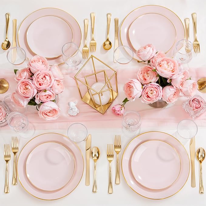 Nervure 100PCS Pink and Gold Plastic Plates - 10.25 inch Pink Disposable Plates with Gold Rim - Party Plate - Dinner Plate Ideal for Wedding & Party