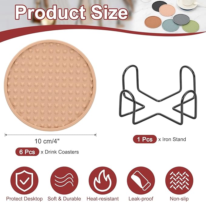 uxcell Set of 6 Round Drink Coasters with Holder, 4" Silicone Coaster for Drinks Non-Slip Cup Coaster Heat Resistant Glass Cushion for Bar Kitchen Office Decor, Beige(Pentagon)