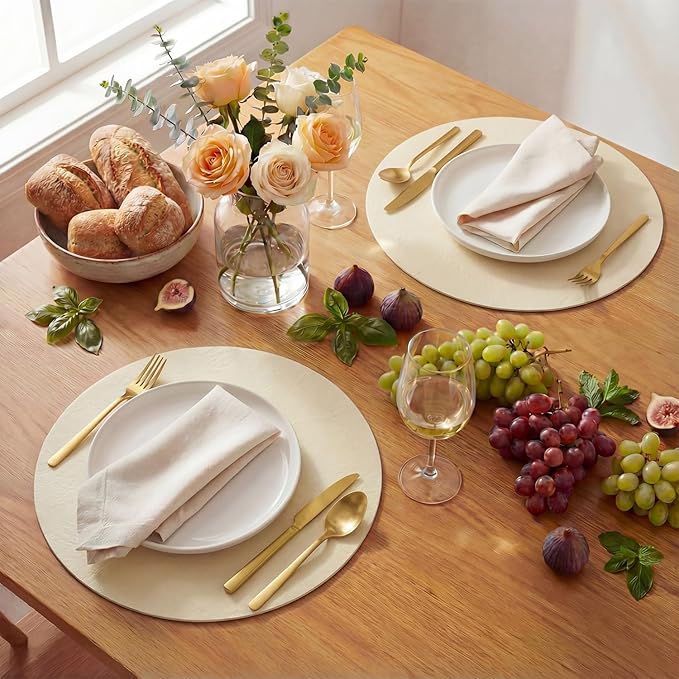 Artoid Mode Beige Faux Leather Placemats Set of 6, 15 Inch Waterproof Wipeable Heat Resistant Vinyl Place Mats, Reversible Table Mats for Kitchen Dining Decor
