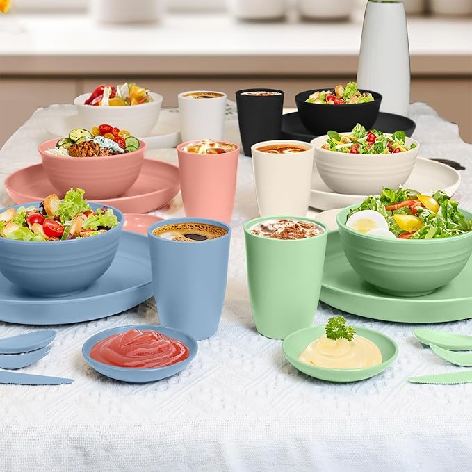 Wrova wheat straw bowls,plates,cups and cutlery sets 28 pcs - Unbreakable Dishwasher Safe dinnerware sets service for 4 - Ideal dish sets for kitchen, camping, indoors and out doors.Nordic