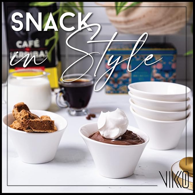 Vikko Mini White Bowls, Set of 6 Fine Ceramic White Bowls, 3.75 Ounce Small Bowl, Elegant Shape, Versatile for Dips, Desserts or Candy Dish, Dishwasher Safe