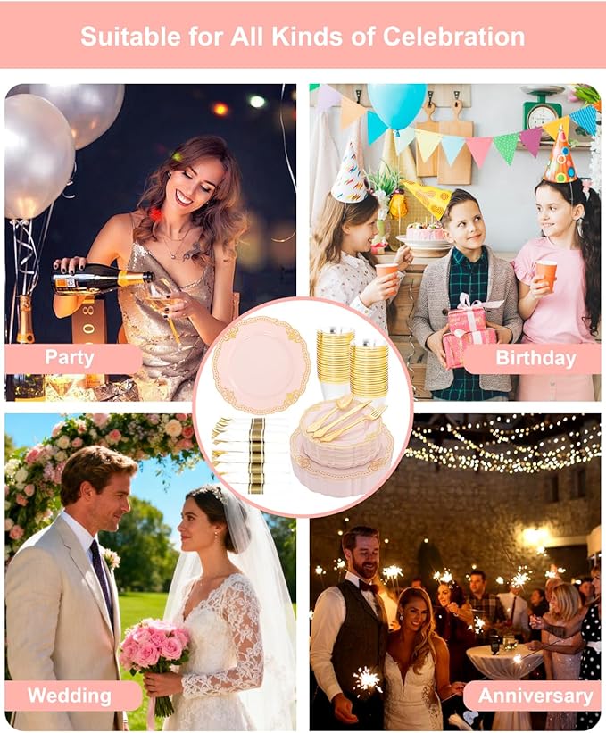 Ciaell 350 PCS Pink Plastic Plates - Pink and Gold Disposable Plates Include 50 Disposable Plate, 150 Heavy Duty Silverware, 50 Cups, 50 Napkins for Wedding & Party & Anniversary & Valentine's Day