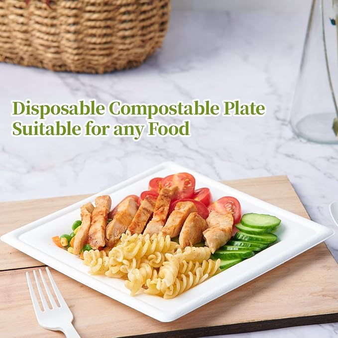 ECOLipak 150 Piecs Square Paper Plates, 8-inch Compostable Disposable Plates, Eco-friendly Heavy Duty Biodegradable Sugarcane Plates for Party Dinner Birthday