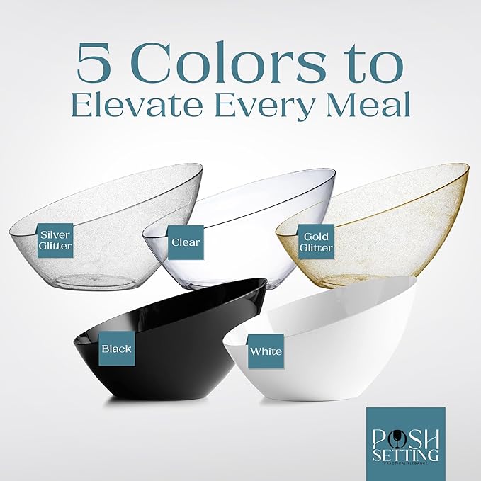Posh Setting Black Plastic Serving Bowls Disposable - Angled Bowls - Angled Candy Bowl - Plastic Snacks & Chip Bowls for Parties - Black, Gold & Clear, White Serving Dishes, 8 OZ, 5 Pack