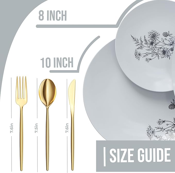 Trendables Fancy Plastic Dinnerware Sets 100 Pc 20 Guests Gold Silverware Disposable 20 X 10 Inch Charger Plates 20 X 8 Inch Dessert Plates 20 x Gold Plastic Forks and Spoons Knives In Dandelion Bloom