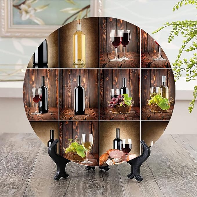 Ceramic Plates, Wine Decorative Ceramic Plates, Wine Themed Collage on Wooden Backdrop with Grapes and, 10 Inch, for Dining, Parties, Wedding, Brown Black Red