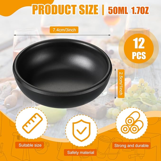 12 Pcs Dip Bowls Set 1.7oz Sauce Soy Dishes Bowls Small for Dipping Tomato Sauce, Soy, BBQ and Other Party Supplies(Black)
