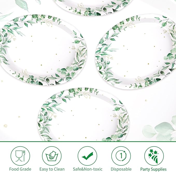 50Pcs Sage Green Oval Paper Plates 10" x 12" Large Disposable Heavy Duty Watercolor Eucalyptus Paper Platters Sage Floral Green Leaves Dessert Plates for Baby Shower Picnic Wedding Dinner Supplies