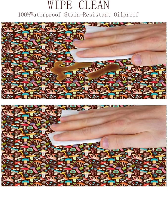 Elastic Tablecloth, Mushrooms Decorative Fabric Table Cover for, Attractive Various Cartoon Leaves and Mushrooms Graphic, Fit Round Tables 35inch Diameter, for Outdoor Indoor Use, Brown