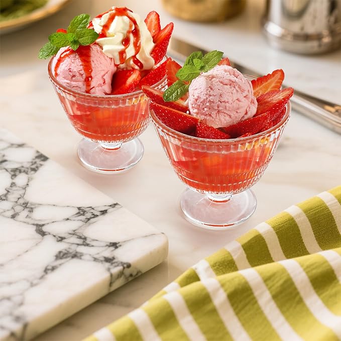 6 Pack Glass Dessert Bowls Set, 10.8 Oz Vintage Ice Cream Cups with Pedestal, Fluted Sundae Dishes Pudding Footed Bowl for Ice Cream, Dessert, Parfait, Candy, Fruit