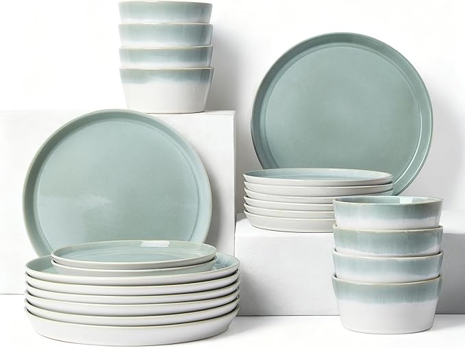 Dinnerware Sets for 8, Ceramic Plates and Bowls Set, Modern Artisan Dish Set, Microwave & Dishwasher Safe Dishware Set, Chip & Scratch Resistant Dinner Sets, Gradient Green
