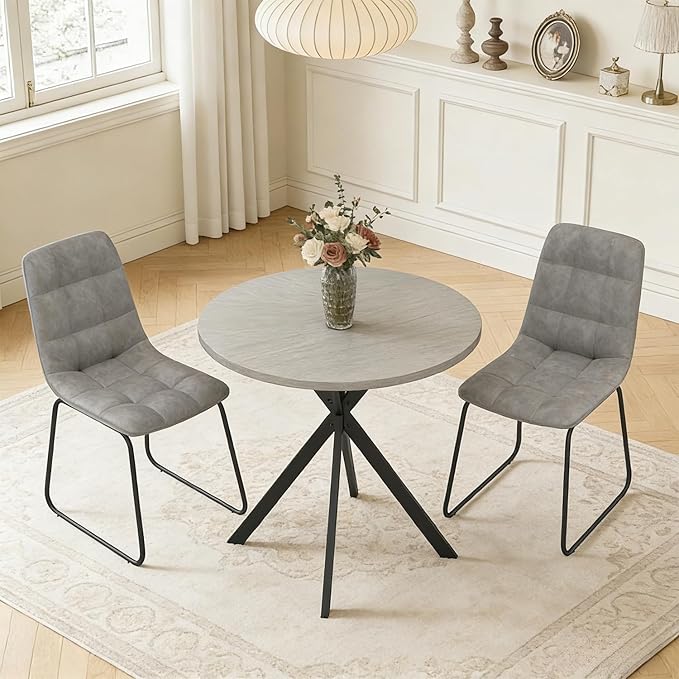 31.5" Round Dining Table Chairs Set for 2, Small Dining Table Chairs Set Space-Saving, Small Dinette Sets for 2 for Kitchen Dining Room Apartment(Gray Table +Gray Chairs)