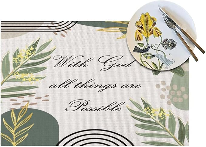 Bible Verse Christain Placemats Sage Green Boho Modern Scripture Inspirational Quotes Motivational Bohemian Washable Place Mats 12x18Inch for Dining Kitchen Farmhouse Decor 6 PCS
