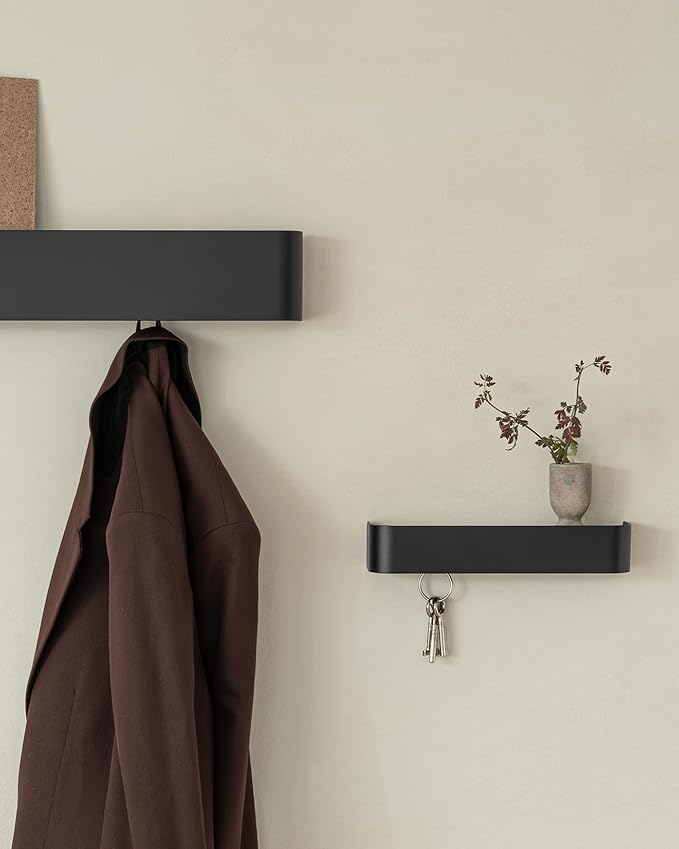 Kazai.® Coat Rack Wall Mount with Shelf 'Tone' | Modern Design Coat Hanger with Hidden Hooks and Storage | Hat Rack with Shelf in Metal | Wall-Mounted Purse Organizer | Black