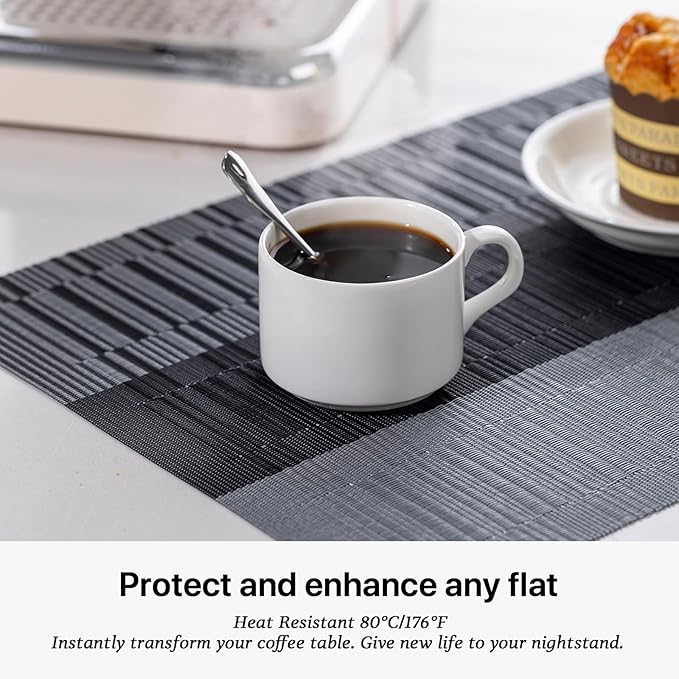 LEXMORE Placemats Set of 6 Vinyl/Plastic Woven Place Mats for Kitchen Table Indoor/Outdoor Washable Placemat Wipeable Dining Table Mats(Silver Gray Black)