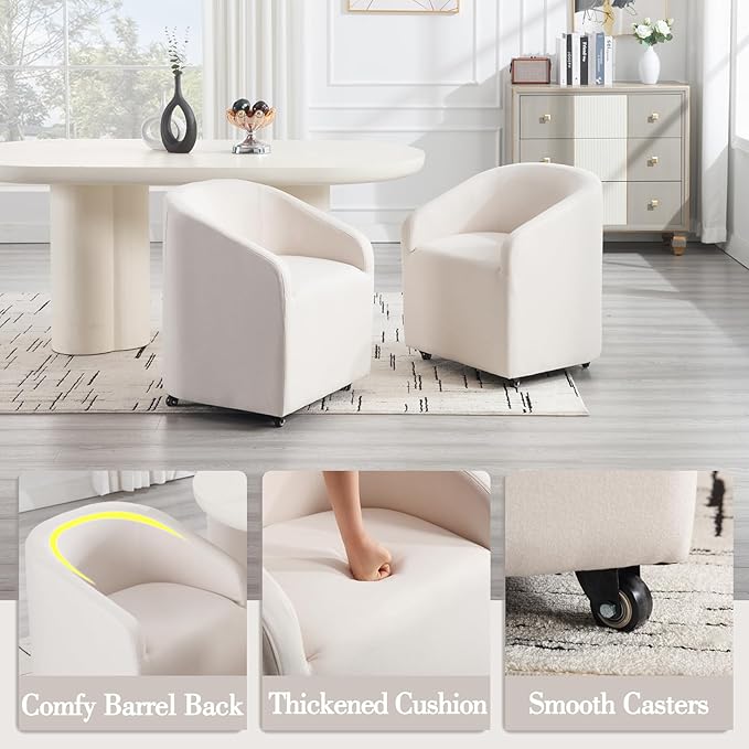 Modern Barrel Dining Chairs with Rolling Casters Set of 2, Upholstered Linen Swivel Dining Room Chairs with Wheels for Kitchen Living Room Home Office, Beige