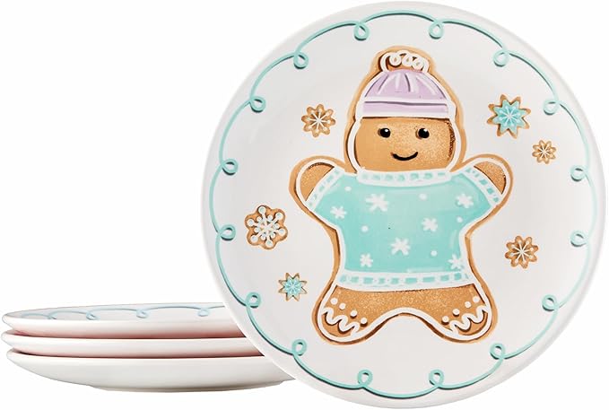 Bico Pastel Gingerbread Man Salad Plates Set of 4, 8.75 Inch Ceramic Dessert Plates for Salad, Appetizer, Side Dishes, Microwave and Dishwasher Safe, Gift for Housewarming and Christmas
