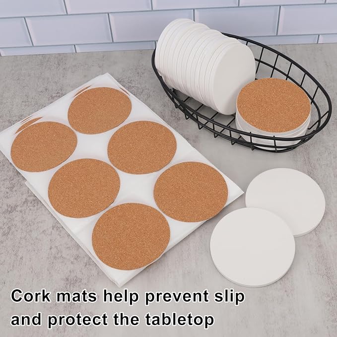 50 PCS 3.54 Inch Blank Ceramic Coasters with Cork Backing Pads, 3.54x3.54 Inch Round Unglazed Ceramic Coasters Tiles for Crafting, Absorbent Ceramics Coaster for Drink