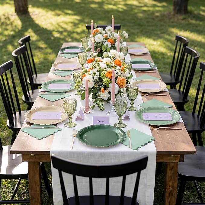 110pcs Sage Green Plates and Napkins Tableware Set Serve 25 Guests Includes Scalloped 9" 7" Paper Dessert Dinner Plate Green Series Napkins for Spring Birthday Wedding Baby Shower Tea Party
